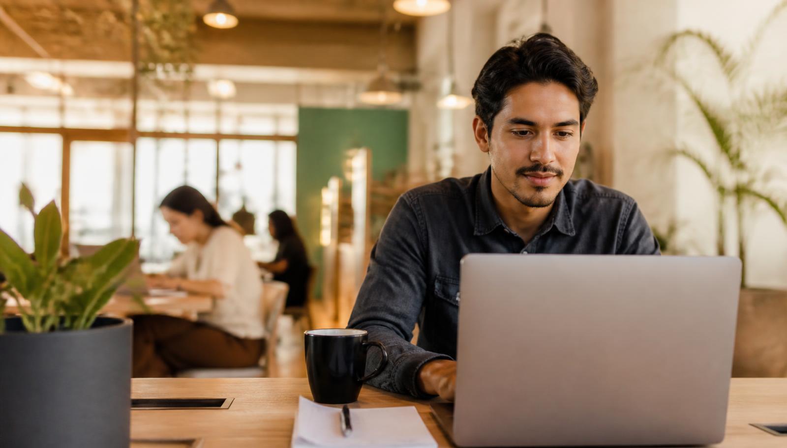 Profesional trabajando con su laptop en un espacio de coworking
